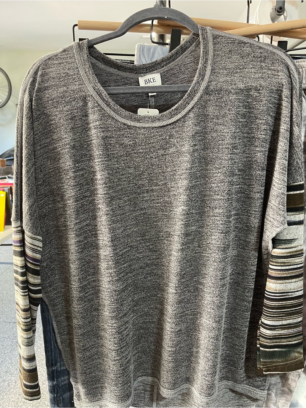 BKE Heather Gray Pullover Top with Striped Sleeve Accents